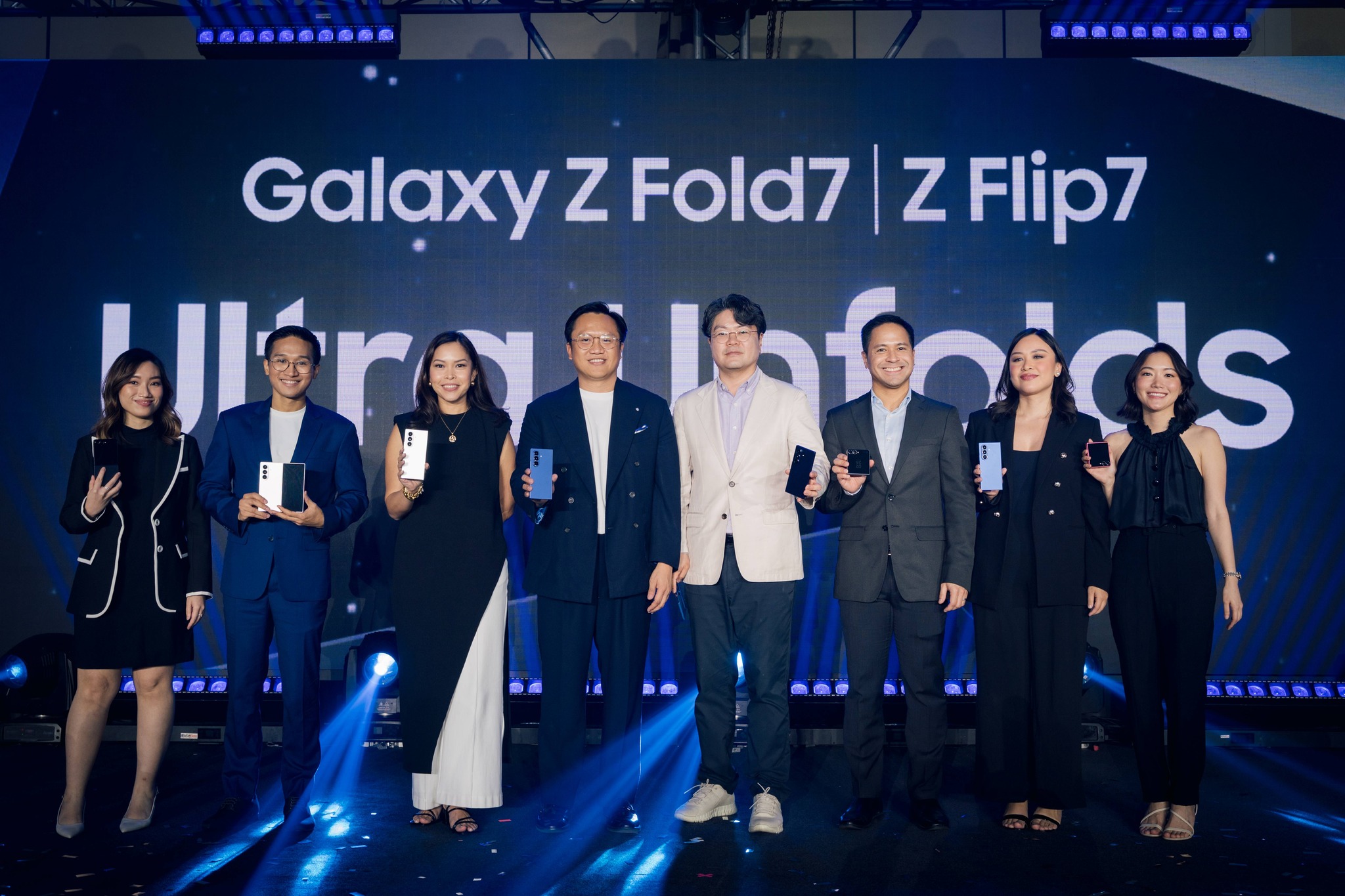 Samsung Electronics Philippines Corporation executives at the “Ultra Unfolds” launch of Samsung's latest Z series and Watch 8 series. From Left to Right: Michelle Tee, Ecosystem Product Marketing Manager; Mark Que, Flagship Product Marketing Manager; Yna Quimson, Head of Corporate Marketing; Jun Guevarra, Head of Mobile Experience; Daniel Choi, Mobile Experience Business Director; Joseph Aruta, Head of Product Marketing for Mobile Experience; MJ Marfori, Category Head for Flagship Mobile Experience; and Isabelle Kim, Flagship Product Marketing Manager.