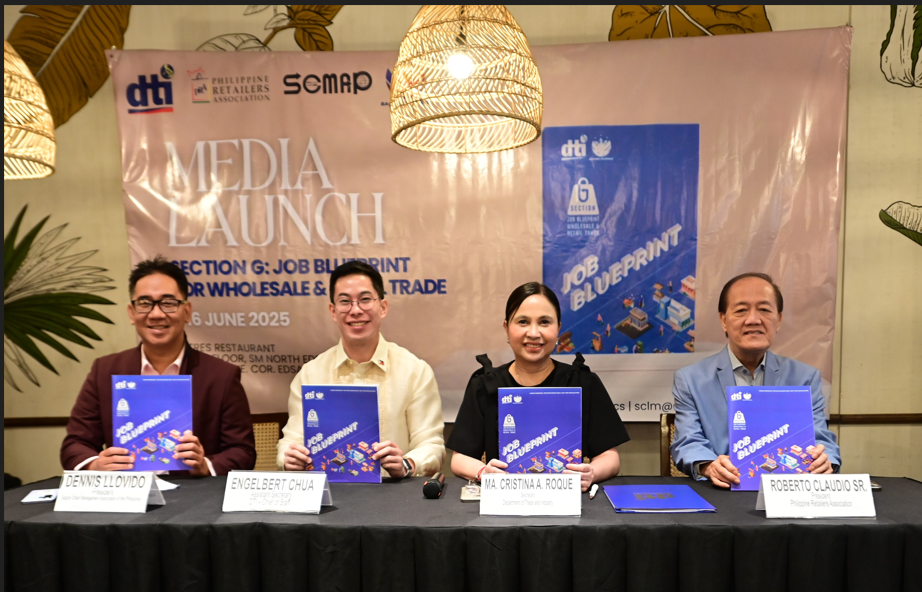 (L-R): Supply Chain Management Association of the Philippines (SCMAP) President Dennis Llovido, Department of Trade and Industry (DTI) Assistant Secretary Engelbert Chua, DTI Secretary Cristina Roque, and Philippine Retailers Association (PRA) President Roberto Claudio Sr. attend the media launch of the Section G: Job Blueprint for Wholesale and Retail Trade on June 16, 2025, at SM North EDSA.