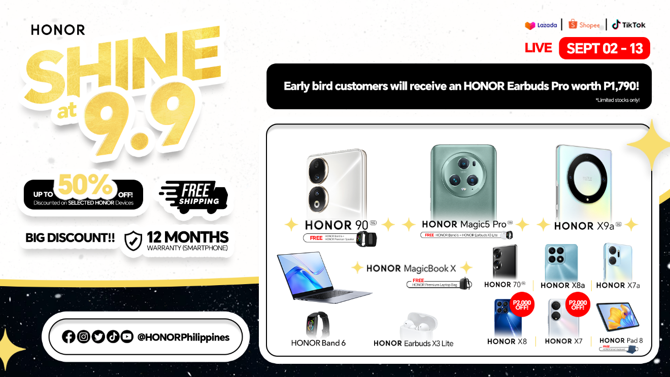 Big deals coming your way! Up to Php 2,000 off select HONOR smartphones with exclusive bundles and FREE shipping nationwide await you this 9.9 Sale! 