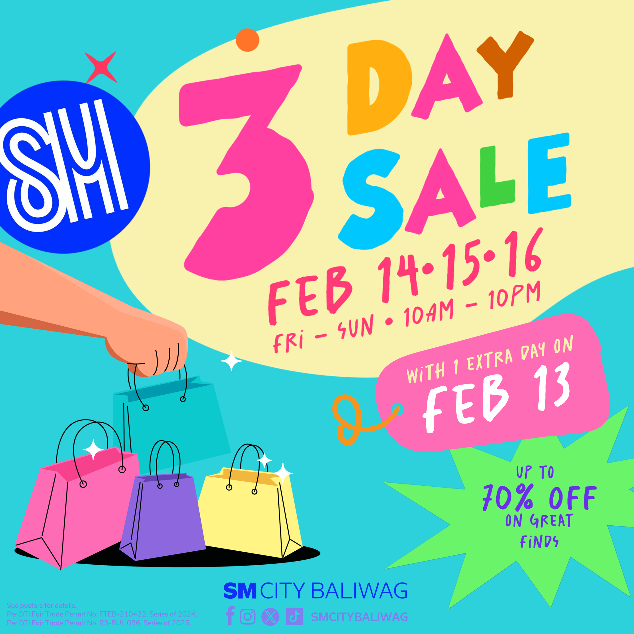 SM City Baliwag’s upcoming 3 Day + 1 EXTRA Day SALE happening on February 13, 14, 15, and 16.