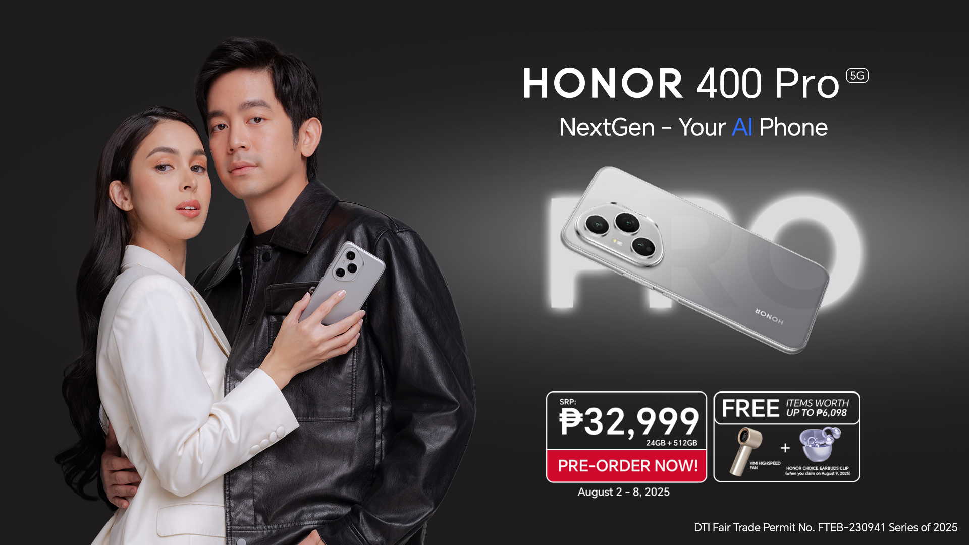 After the massive success of HONOR 400 5G comes the Pro version! Pre-order NOW and get FREE HONOR Choice Earbuds Clip and HONOR High Speed Fan Vimi Sonic 1 Pro.